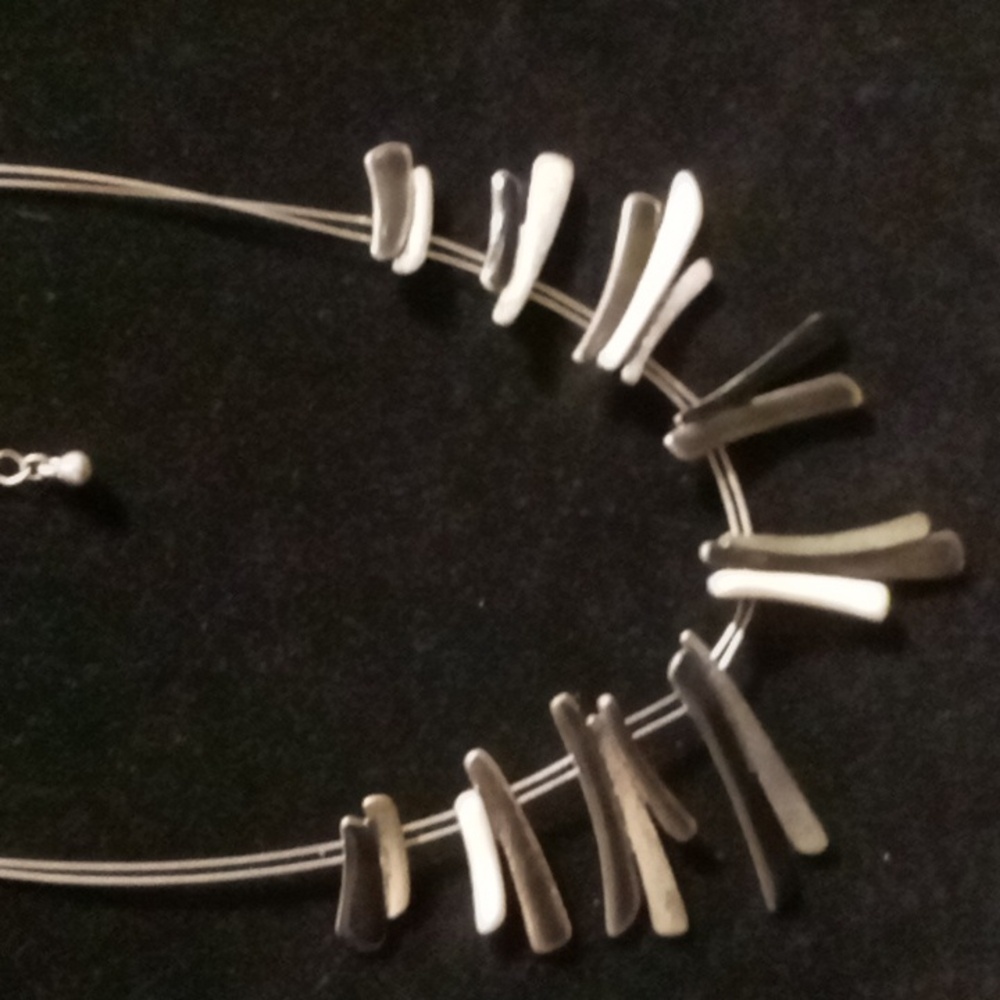 Collar fan necklace Silver and Black Modernist style on cable 16 +3 in long